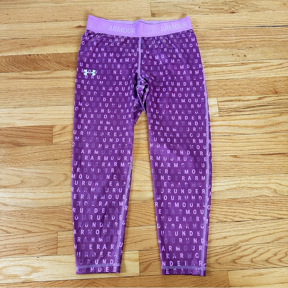Under Armour Heat Gear Printed Logo Cropped Leggings Purple Sz YXL